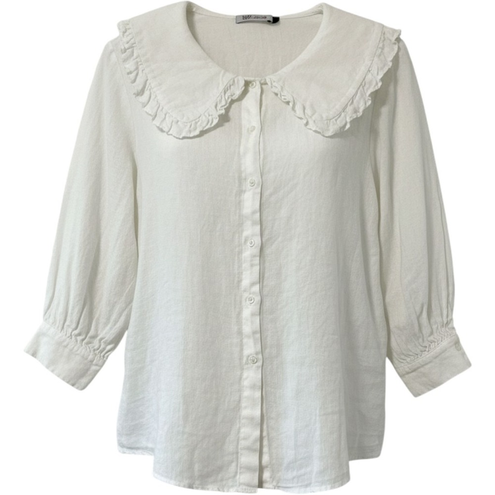 Zara Ruffled Peter Pan Collar Linen Blouse Women Medium White Cottagecore